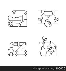Automation for wellbeing linear icons set. Wood processing. Drones for planting. Firefighter robot. Customizable thin line contour symbols. Isolated vector outline illustrations. Editable stroke. Automation for wellbeing linear icons set