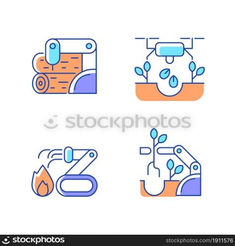 Automation for wellbeing RGB color icons set. Wood processing. Drones for planting. Firefighter robot. Automated harvesting. Isolated vector illustrations. Simple filled line drawings collection. Automation for wellbeing RGB color icons set