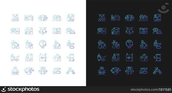 Automation gradient icons set for dark and light mode. Advanced manufacturing. Robotic arms. Thin line contour symbols bundle. Isolated vector outline illustrations collection on black and white. Automation gradient icons set for dark and light mode