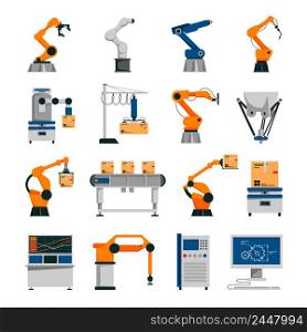 Automation icons set with robot and conveyor symbols flat isolated vector illustration . Automation Icons Set