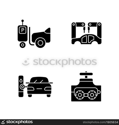 Automation in automobile industry black glyph icons set on white space. Self-driving forklift. Assembling car body. Fueling process. Pipe inspect. Silhouette symbols. Vector isolated illustration. Automation in automobile industry black glyph icons set on white space