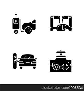 Automation in automobile industry black glyph icons set on white space. Self-driving forklift. Assembling car body. Fueling process. Pipe inspect. Silhouette symbols. Vector isolated illustration. Automation in automobile industry black glyph icons set on white space