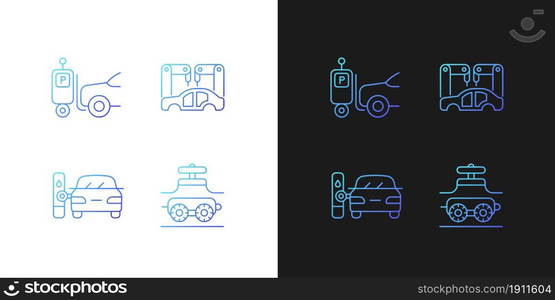 Automation in automobile industry gradient icons set for dark and light mode. Pipeline inspection. Thin line contour symbols bundle. Isolated vector outline illustrations collection on black and white. Automation in automobile industry gradient icons set for dark and light mode