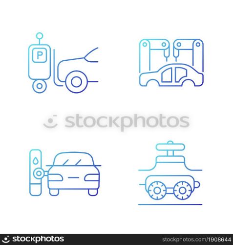 Automation in automobile industry gradient linear vector icons set. Self-driving forklift. Assembling car body. Thin line contour symbols bundle. Isolated outline illustrations collection. Automation in automobile industry gradient linear vector icons set