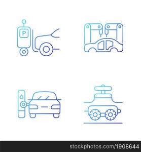 Automation in automobile industry gradient linear vector icons set. Self-driving forklift. Assembling car body. Thin line contour symbols bundle. Isolated outline illustrations collection. Automation in automobile industry gradient linear vector icons set