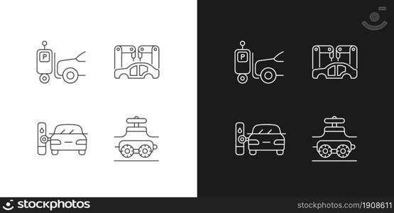 Automation in automobile industry linear icons set for dark and light mode. Self-driving forklift. Car assembly. Customizable thin line symbols. Isolated vector outline illustrations. Editable stroke. Automation in automobile industry linear icons set for dark and light mode