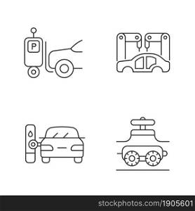 Automation in automobile industry linear icons set. Self-driving forklift. Assembling car body. Customizable thin line contour symbols. Isolated vector outline illustrations. Editable stroke. Automation in automobile industry linear icons set