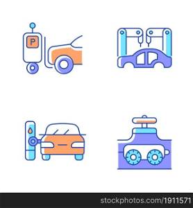 Automation in automobile industry RGB color icons set. Self-driving forklift. Assembling car body. Fueling process. Pipe inspect. Isolated vector illustrations. Simple filled line drawings collection. Automation in automobile industry RGB color icons set