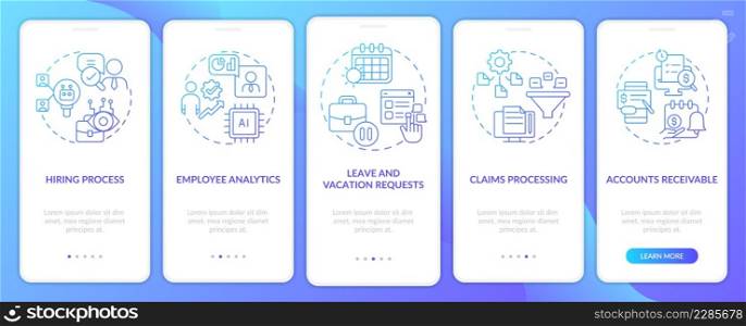 Automation in business blue gradient onboarding mobile app screen. Walkthrough 5 steps graphic instructions pages with linear concepts. UI, UX, GUI template. Myriad Pro-Bold, Regular fonts used. Automation in business blue gradient onboarding mobile app screen