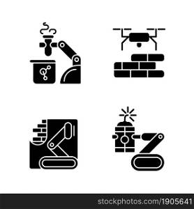 Automation in different industries black glyph icons set on white space. Robotic lab assistance. Drones for construction. Bomb defusing robot. Silhouette symbols. Vector isolated illustration. Automation in different industries black glyph icons set on white space