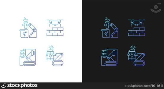 Automation in different industries gradient icons set for dark and light mode. Robotic assistance. Thin line contour symbols bundle. Isolated vector outline illustrations collection on black and white. Automation in different industries gradient icons set for dark and light mode