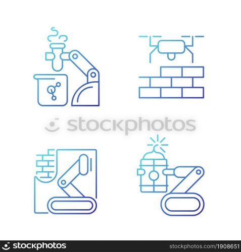 Automation in different industries gradient linear vector icons set. Robotic lab assistance. Drones for construction. Thin line contour symbols bundle. Isolated outline illustrations collection. Automation in different industries gradient linear vector icons set