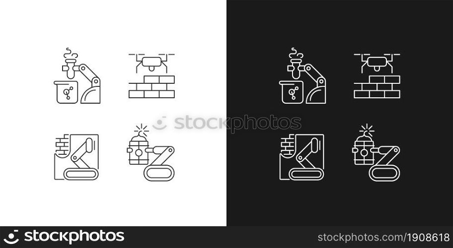 Automation in different industries linear icons set for dark and light mode. Lab assistance. Construction. Customizable thin line symbols. Isolated vector outline illustrations. Editable stroke. Automation in different industries linear icons set for dark and light mode