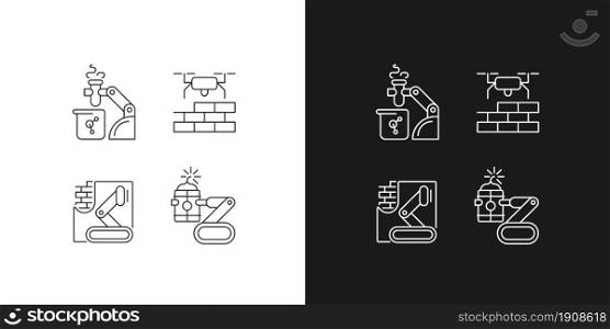 Automation in different industries linear icons set for dark and light mode. Lab assistance. Construction. Customizable thin line symbols. Isolated vector outline illustrations. Editable stroke. Automation in different industries linear icons set for dark and light mode