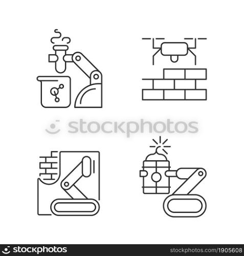 Automation in different industries linear icons set. Robotic lab assistance. Drones for construction. Customizable thin line contour symbols. Isolated vector outline illustrations. Editable stroke. Automation in different industries linear icons set