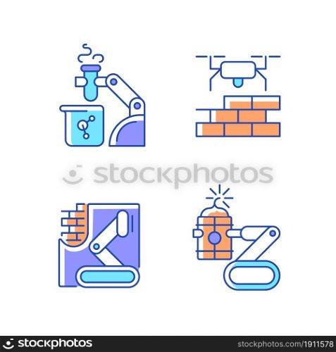 Automation in different industries RGB color icons set. Robotic lab assistance. Drones for construction. Bomb defusing robot. Isolated vector illustrations. Simple filled line drawings collection. Automation in different industries RGB color icons set