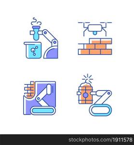 Automation in different industries RGB color icons set. Robotic lab assistance. Drones for construction. Bomb defusing robot. Isolated vector illustrations. Simple filled line drawings collection. Automation in different industries RGB color icons set