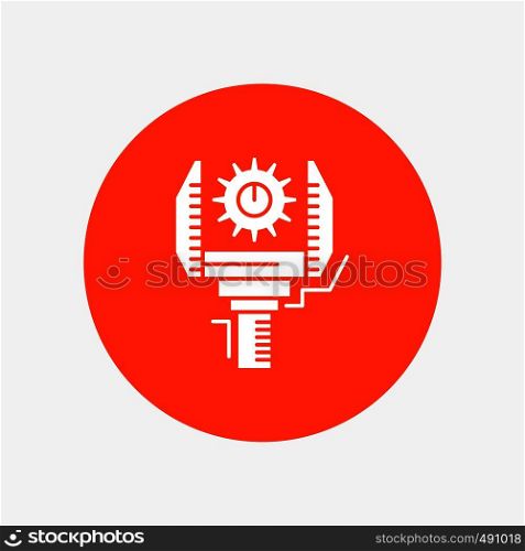 Automation, industry, machine, production, robotics White Glyph Icon in Circle. Vector Button illustration. Vector EPS10 Abstract Template background