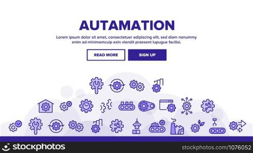 Automation Landing Web Page Header Banner Template Vector. Automation Mechanism With Gear, Factory And Web Site Work, Settings And Tools Illustration. Automation Landing Header Vector