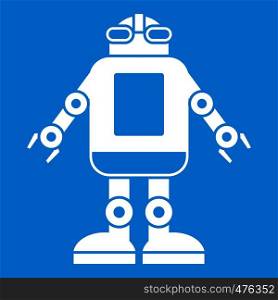 Automation machine robot icon white isolated on blue background vector illustration. Automation machine robot icon white