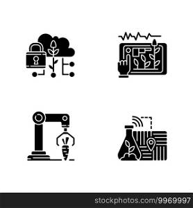 Automation of agronomy black glyph icons set on white space. Soil s&ling. Data security in agriculture. Yield prediction. Harvesting robotics. Silhouette symbols. Vector isolated illustration. Automation of agronomy black glyph icons set on white space