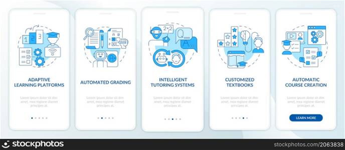 Automation of education blue onboarding mobile app screen set. AI walkthrough 5 steps graphic instructions pages with linear concepts. UI, UX, GUI template. Myriad Pro-Bold, Regular fonts used. Automation of education blue onboarding mobile app screen set