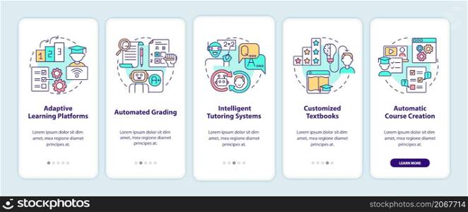 Automation of education onboarding mobile app screen set. AI walkthrough 5 steps graphic instructions pages with linear concepts. UI, UX, GUI template. Myriad Pro-Bold, Regular fonts used. Automation of education onboarding mobile app screen set