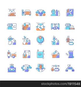 Automation RGB color icons set. Advanced manufacturing. Improve everyday life. Using robotic hands. Equipment to automate systems. Isolated vector illustrations. Simple filled line drawings collection. Automation RGB color icons set