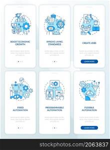 Automation systems blue onboarding mobile app screen set. Hightech walkthrough 3 steps graphic instructions pages with linear concepts. UI, UX, GUI template. Myriad Pro-Bold, Regular fonts used. Automation systems blue onboarding mobile app screen set
