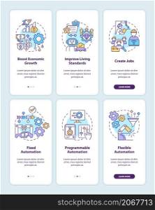 Automation systems onboarding mobile app screen set. Hightech walkthrough 3 steps graphic instructions pages with linear concepts. UI, UX, GUI template. Myriad Pro-Bold, Regular fonts used. Automation systems onboarding mobile app screen set