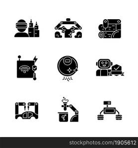 Automation technologies black glyph icons set on white space. Manufacturing robots. Internet of things devices. Automated laundry and cleaning. Silhouette symbols. Vector isolated illustration. Automation technologies black glyph icons set on white space