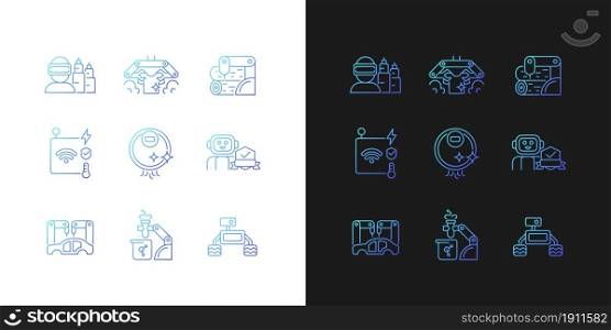 Automation technologies gradient icons set for dark and light mode. Manufacturing robots. Thin line contour symbols bundle. Isolated vector outline illustrations collection on black and white. Automation technologies gradient icons set for dark and light mode