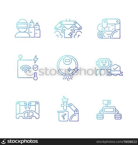 Automation technologies gradient linear vector icons set. Manufacturing robots. Automated laundry and cleaning. Thin line contour symbols bundle. Isolated outline illustrations collection. Automation technologies gradient linear vector icons set