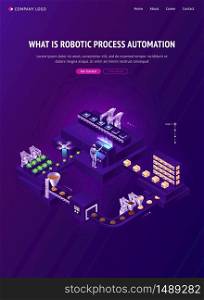 Automation technologies isometric landing page. Robot manage factory conveyor produce and packing production on transporter belt, smart industrial revolution, cyborg assisting, 3d vector web banner.. Automation technologies isometric landing page