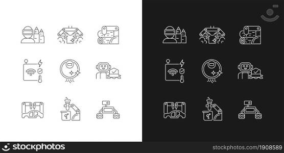 Automation technologies linear icons set for dark and light mode. Manufacturing robots. Automated laundry. Customizable thin line symbols. Isolated vector outline illustrations. Editable stroke. Automation technologies linear icons set for dark and light mode