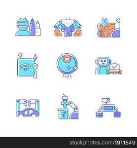 Automation technologies RGB color icons set. Manufacturing robots. Internet of things devices. Automated laundry and cleaning. Isolated vector illustrations. Simple filled line drawings collection. Automation technologies RGB color icons set