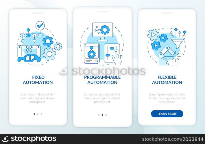 Automation types blue onboarding mobile app screen. Program and software walkthrough 3 steps graphic instructions pages with linear concepts. UI, UX, GUI template. Myriad Pro-Bold, Regular fonts used. Automation types blue onboarding mobile app screen