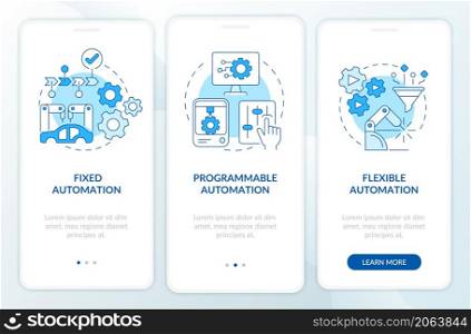 Automation types blue onboarding mobile app screen. Program and software walkthrough 3 steps graphic instructions pages with linear concepts. UI, UX, GUI template. Myriad Pro-Bold, Regular fonts used. Automation types blue onboarding mobile app screen