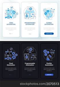Automation types night and day mode onboarding mobile app screen. Walkthrough 3 steps graphic instructions pages with linear concepts. UI, UX, GUI template. Myriad Pro-Bold, Regular fonts used. Automation types night and day mode onboarding mobile app screen