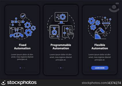 Automation types night mode onboarding mobile app screen. Walkthrough 3 steps graphic instructions pages with linear concepts. UI, UX, GUI template. Myriad Pro-Bold, Regular fonts used. Automation types night mode onboarding mobile app screen