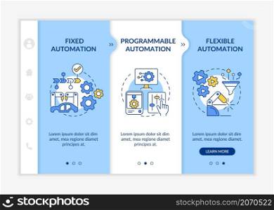 Automation types white and blue onboarding template. Program software. Responsive mobile website with linear concept icons. Web page walkthrough 3 step screens. Lato-Bold, Regular fonts used. Automation types white and blue onboarding template