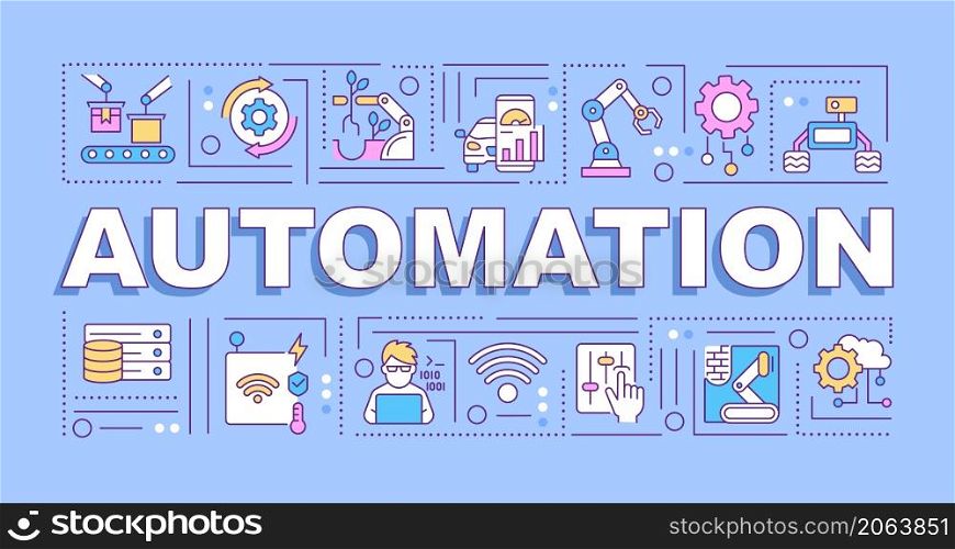 Automation word concepts blue banner. Innovative technology. Infographics with linear icons on background. Isolated typography. Vector outline color illustration with text. Arial-Black font used. Automation word concepts blue banner