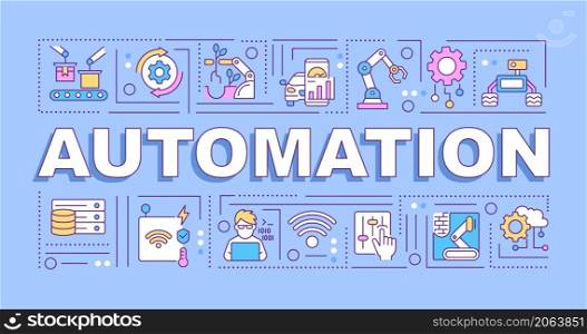 Automation word concepts blue banner. Innovative technology. Infographics with linear icons on background. Isolated typography. Vector outline color illustration with text. Arial-Black font used. Automation word concepts blue banner