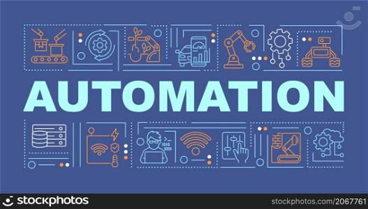 Automation word concepts dark blue banner. Innovative technology. Infographics with linear icons on background. Isolated typography. Vector outline color illustration with text. Arial-Black font used. Automation word concepts dark blue banner