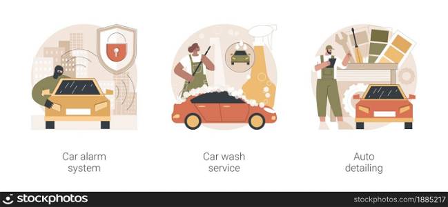 Automobile care service abstract concept vector illustration set. Car alarm system, car wash service, auto detailing, anti-theft, automatic wash, full service, vehicle detailing abstract metaphor.. Automobile care service abstract concept vector illustrations.