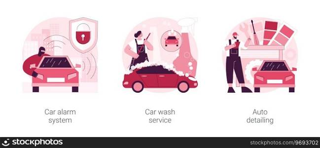 Automobile care service abstract concept vector illustration set. Car alarm system, car wash service, auto detailing, anti-theft, automatic wash, full service, vehicle detailing abstract metaphor.. Automobile care service abstract concept vector illustrations.