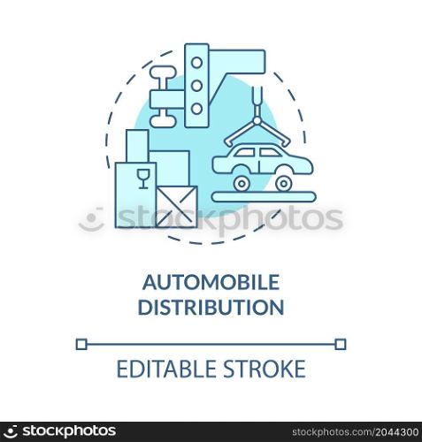 Automobile distribution turquoise blue concept icon. Cars delivery. Trading company service providing abstract idea thin line illustration. Vector isolated outline color drawing. Editable stroke. Automobile distribution turquoise blue concept icon