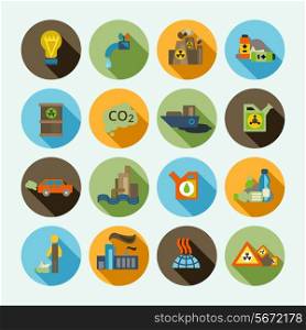 Automobile emission and oil refinery waste thermal diffuse air pollution solid shadow icons set isolated vector illustration