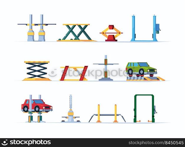 Automobile lifting. Mechanic workshop with steel hydraulics repair lifting for cars various technician elevators garish vector flat pictures. Illustration of auto workshop, repair vehicle service. Automobile lifting. Mechanic workshop with steel hydraulics repair lifting for cars various technician elevators garish vector flat pictures