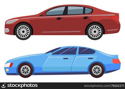 Automobile of city vector, isolated set of cars with wheels and toned windows. Transport riding, auto for journey travel, vehicles for vacations flat style illustration in flat style design for web. City Transport, Cars Models Vehicles Automobile